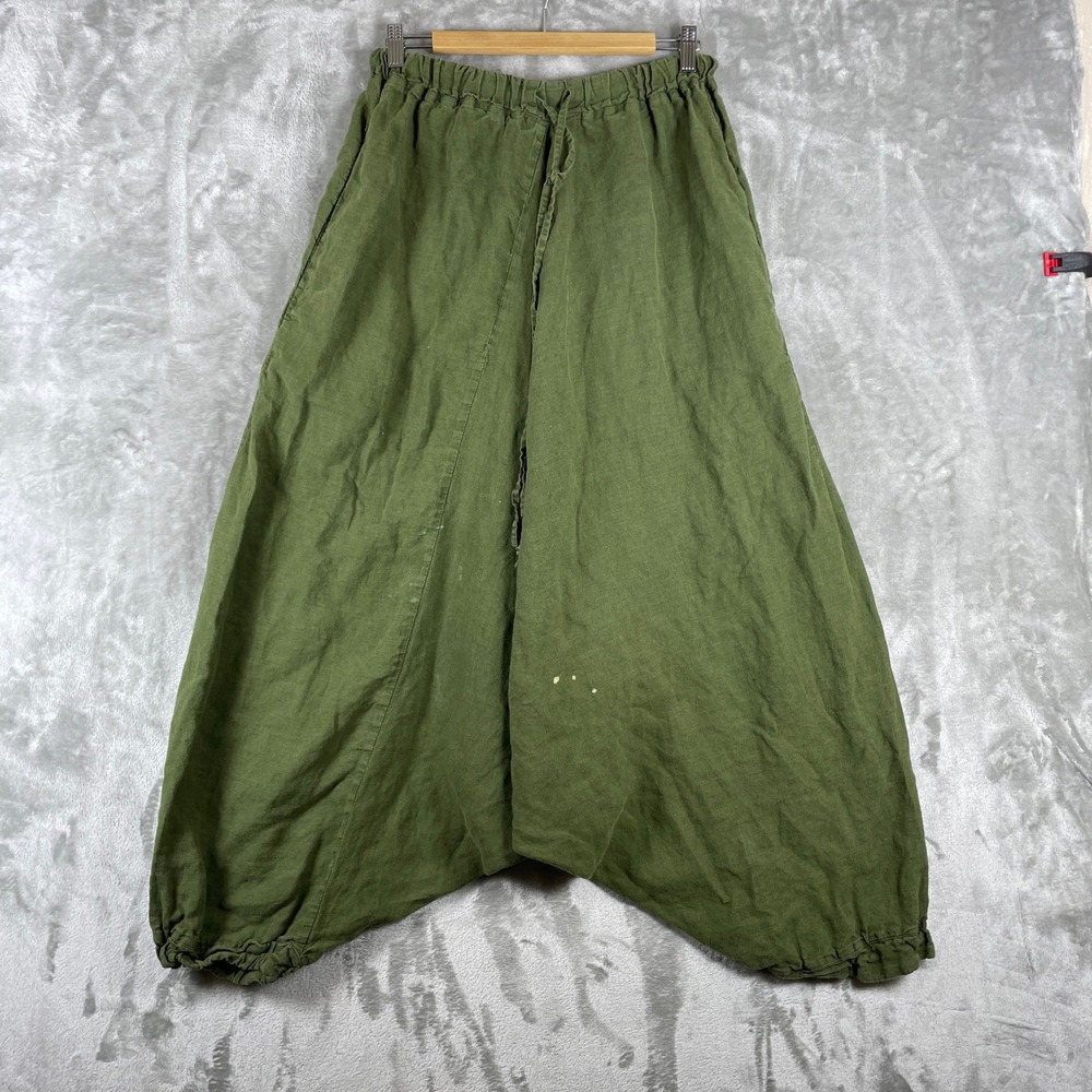 Shantima Harem Pants Women OS Green Linen Blend Boho Drop Crotch Balloon Jogger